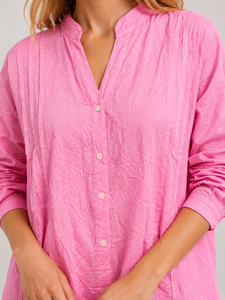 Premium Quality <b>Pink</b> Color Shirt Mandarin V Neck Three Quarter Sleeve Button Down Pleated Front Casual High Quality Women's Wear - Product Image 4