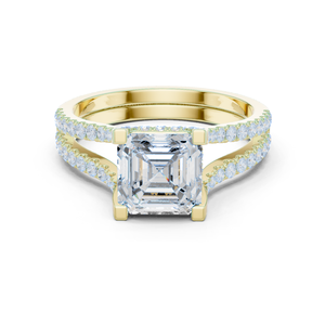 Prong Set Asscher Cut Diamond <b>Ring</b> With Double Paved Band Elegant Bridal Jewelry In 14k Solid Yellow Gold <b>Split</b> Shank <b>Ring</b> - Product Image 1