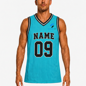 Maillot de basket-ball bleu personnalisé pour hommes, col en v, sans manches, impression sublimée, nom personnalisé, numéro 09, maille respirante, 100% Polyester - Product Image 2