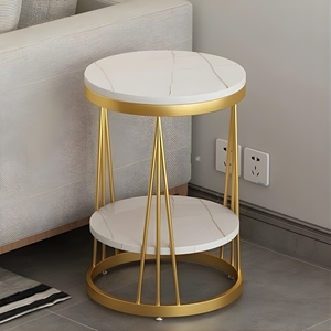 Table basse ronde moderne en bois blanc, table d'appoint de chevet pour chambre à coucher avec pieds en fer thermolaqué doré, meubles et tables - Product Image 2