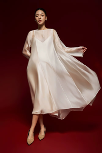 Summer OEM Service Buttons Side Slit Breathable Casual Loose Waist Minimalist Regular Sleeve Silk Crew Neck Voile Midi Dresses - Product Image 4