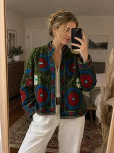 Chaqueta Suzani de Terciopelo Bordada con Flores Marrones Estilo Bohemio, Manga Larga, Cuello Alto, Ropa de Abrigo de Invierno para Mujer - Product Image 1