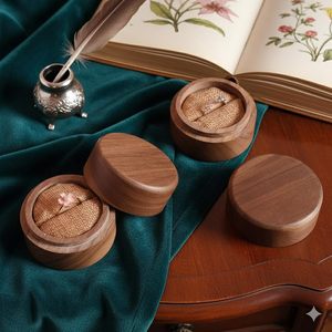Juego de Cajas de Anillos de Madera Hechas a Mano, Estuches Redondos de Almacenamiento de Joyas de Nogal con Inserto de Yute, Soporte Rústico para Anillos de Boda - Product Image 5