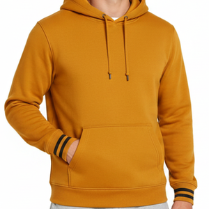 Sudadera con capucha para hombre, color amarillo mostaza, con puños negros a rayas, estilo streetwear, con logotipo personalizado OEM. - Product Image 2