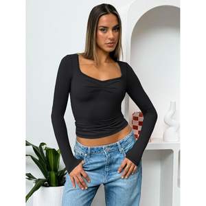 Foxa เสื้อครอปแฟชั่นฤดูใบไม้ร่วง2025สำหรับผู้หญิงราชินีชุดออกกำลังกายแขนยาวน่ารักคอหวานใจ - Product Image 6