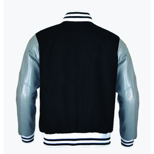 Men's Royal Blue Varsity <b>Jacket</b> With <b>Black</b> Leather Sleeves Stand Collar Casual Autumn Wear - Product Image 6