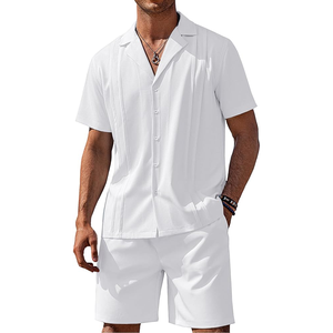 Conjunto de Camisa y Pantalones Cortos de Verano para Hombre, Estilo Guayabera con Cuello Cubano, Plisado Vertical, 2 Piezas - Product Image 1