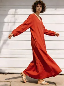 Women Plain Red <b>Boho</b> Maxi <b>Dress</b> Deep V Neck <b>Long</b> Lantern Sleeve Loose Oversized Casual Floor Length <b>Dress</b> - Product Image 4