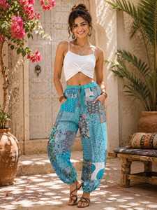 Pantalon Harem Unisexe Bohème Patchwork 100% Rayonne avec Cordon de Serrage Taille Mi-Haute Longueur Complète pour Yoga, Plage et Détente avec Poches - Product Image 3
