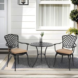 Set Bistrot da Esterno in Alluminio Pressofuso a 3 Pezzi, Resistente alle Intemperie, con Tavolo e Sedie in Metallo e Foro per Ombrellone - Product Image 1
