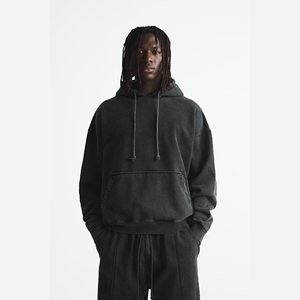 Ensemble de survêtements 2 pièces grande taille 100 % coton, streetwear d'hiver, imprimé personnalisé, respirant, léger, en molleton délavé à l'acide, à capuche, uni - Product Image 2