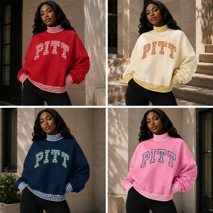 Maßgeschneiderter College Game Day Pullover Gelber Gingham-Besatz Mock Neck Sweatshirt Schweres Fleece Gewölbter PITT Varsity Schriftzug - Product Image 6