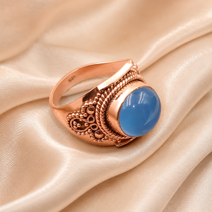 925 Sterling Silver Blue Chalcedony Cabochon <b>Statement</b> <b>Ring</b> Handmade Vintage Artisan Boho Gemstone Gold Plated Rose Gold <b>Ring</b> - Product Image 6