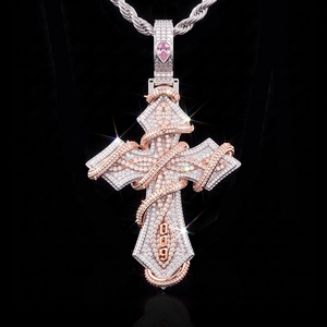 Collar con Colgante de Cruz Hip Hop en Oro Rosa, Cadena Cubana Unisex, Engaste de Bisel, Oro Sólido de 14K, Diamantes Incrustados, Regalo Cristiano de Aniversario - Product Image 1