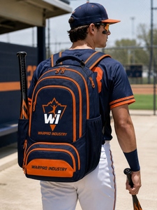 Mochila de Béisbol Warpro Industry de 30-40L con Múltiples Bolsillos Organizadores y Funda para Bate, Color Azul Marino y Naranja - Product Image 4