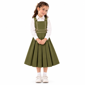 Uniforme Escolar para Niñas, Vestido Verde Oliva Tipo Pinafore, Blusa Blanca de Manga Larga, Falda Plisada con Detalle de Botones - Product Image 1