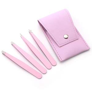 Juego de Pinzas Profesionales Personalizadas de 4 Piezas de Acero Inoxidable con Puntas de Fibra, Pinzas para Cejas Rosadas, Bolsa de Cuero PU ANAAIF - Product Image 4