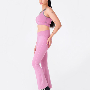 Women's Pink Racerback Sports Bra High Waist <b>Flared</b> <b>Leggings</b> Set Seamless Yoga Activewear Breathable Medium Support Workout - Product Image 3