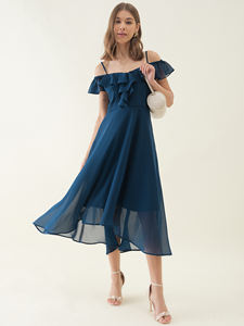 Robe longue évasée en mousseline de soie bleue de qualité supérieure avec bretelles, design unique, idéale pour les vacances à la plage - Product Image 5