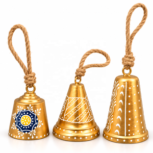 Distinctive Golden Iron Hanging Bells with Hand Painted Folk Designs Floral Medallion <b>Artwork</b> and Braided Rope Hangers - Product Image 1