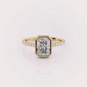 Radiant Cut Lab Grown Diamond Bezel Engagement Ring in Yellow Gold with Pave Diamond Band Minimalist Solitaire Bridal ring - Product Image 1