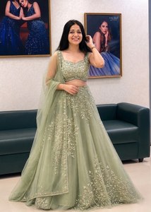 Green Embroidered Lehenga Set <b>Net</b> Unstitched Indian Wedding Outfit Two Piece Dress With <b>Dupatta</b> - Product Image 1