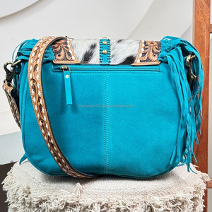 Bolso cruzado con flecos de cuero mecanizado a mano de gran capacidad para mujer directo de fábrica con bolso de mano de piel de vaca, conjunto de dos piezas a juego - Product Image 5