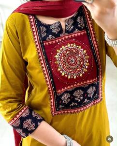 Cotton Embroidered <b>Kurti</b> Pant Set Women Ethnic Straight <b>Indian</b> Pakistani Top and Dupatta Casual All Season - Product Image 5