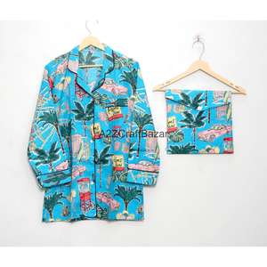 Conjunto de Pijama de Algodón Hecho a Mano para Mujer, Estilo Indio, Largo, de Verano, con Mangas Largas, Cierre con Cordón, Estampado Floral, Transpirable, Tejido - Product Image 2