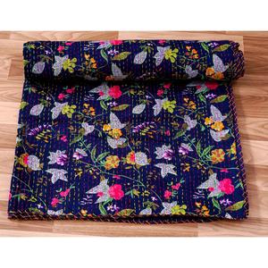 ผ้าห่มคันธาสีน้ำเงินกรมท่า ทำมือสไตล์อินเดียโบฮีเมียน ผ้าคลุมเตียงผ้าฝ้ายลายผลไม้สไตล์ฮิปปี้ ขนาดคิงไซส์ - Product Image 3