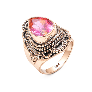 Pink Tourmaline <b>Ring</b> <b>925</b> Sterling <b>Silver</b> Rose &Yellow Gold Plated Vintage Boho Statement Handmade Gemstone Women Jewelry for Her - Product Image 3