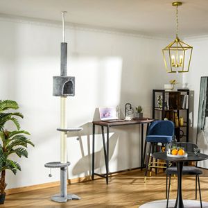 Centro Attività per Gatti a 4 Livelli, Regolabile da Pavimento a Soffitto, 217 cm, con Cuccia, Giocattoli e Tiragraffi Sospeso - Product Image 1