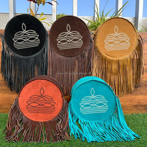 2025 New Arrivals Boot Stitch Hand Tooled Suede Leather Round Shoulder Fringe Bag for Women Genuine Leather Circle Crossbody Bag - Product Image 4