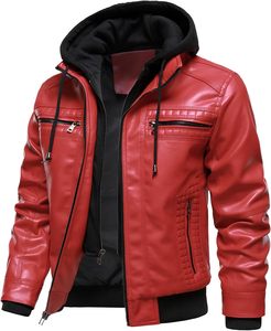 Men Red PU Leather Hooded Moto <b>Biker</b> <b>Jacket</b> Zipper Front Solid Color Winter Style Regular Sleeve Slim Fit Polyester Wadding - Product Image 3