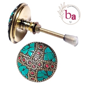 Ba Traditional <b>Brass</b> Round Cabinet <b>Knob</b> with Mosaic Turquoise and Red Inlay Design for Home Bar Furniture - Product Image 6