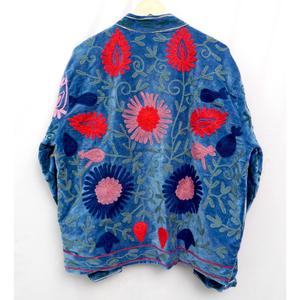 Manteau en velours bleu brodé de fleurs en coton, col mandarin, manches longues, style bohème, vêtement d'extérieur d'hiver, écologique, ouvert sur le devant - Product Image 6