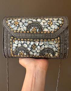 Best Fashion Mother of Pearl Inlay <b>Clutch</b> Handbag in <b>White</b> MOP with Chains for Girls Ladies by Quality Enterprises Resin Crafts - Product Image 5