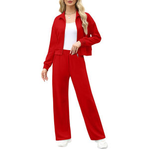 Conjunto Deportivo Vintage Rojo Oscuro para Mujer 2026, 2 Piezas, Sudadera y Pantalón Ancho de Spandex/Algodón - Product Image 1