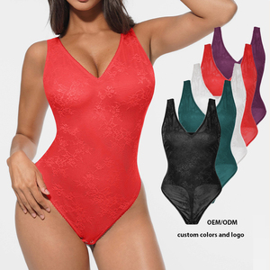 Body sculptant sexy pour femme, moulant, à motif floral, en maille, sans couture, col en V profond, avec dentelle et effet ventre plat - Product Image 1