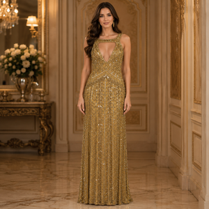 Luxury Gold Beaded Evening Gown for Women Sleeveless <b>Sequin</b> Maxi Dress Elegant Formal Party Wear Wedding Reception Prom Dress - Product Image 3