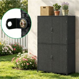 Armadio da Esterno in Rattan PE con Ripiani Regolabili, Casetta Porta Attrezzi Anti-Ribaltamento per Giardino, Patio, Cortile, Bordo Piscina - Nero - Product Image 4