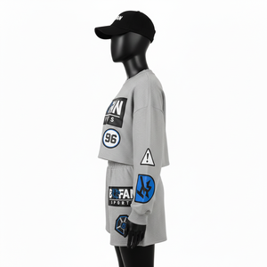 Ensemble court en molleton 100 % coton et polyester de qualité supérieure pour femme, gris, doux, respirant, avec logo personnalisé – Nouveaux ensembles pour femme - Product Image 3