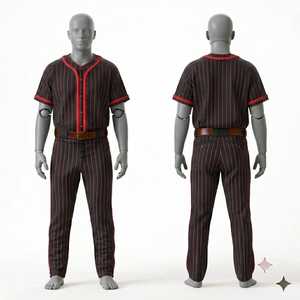 Conjunto de Uniforme de Béisbol Personalizado para Hombre, Jersey y Pantalones a Rayas Rojo y Negro, Cierre de Botones, Transpirable, Corte Regular, Ropa para Todas las Temporadas - Product Image 1