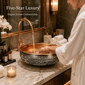 Handcrafted Dual Tone Copper Vessel Wash <b>Basin</b> <b>Round</b> Luxury Countertop Bathroom Sink Embossed Designer <b>Basin</b> for Home and Hotel - Product Image 2