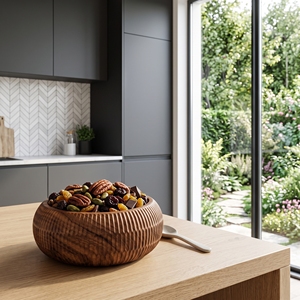 Ensemble d'ustensiles de cuisine artisanaux en bois de teck massif de qualité alimentaire, bol sculpté, plat, bassin texturé artisanal balinais, vaisselle de service - Product Image 3