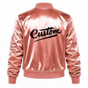 Custom <b>Men's</b> Rose Gold Satin Winter Bomber <b>Jacket</b> Front Embroidered Logo Streetwear Stand Collar <b>Pullover</b> Closure Customizable - Product Image 4