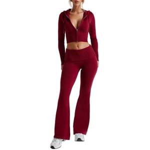 Custom Women's Flare Tracksuit Set Zip Up Crop <b>Hoodie</b> High Waist Flared Pants Fitness Activewear OEM Supplier - Product Image 4