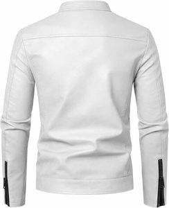 เสื้อแจ็คเก็ตบอมเบอร์หนัง PU ทรงเข้ารูปสำหรับผู้ชาย คอตั้ง ปิดด้วยซิป สีขาวล้วน ความยาวปกติ เหมาะสำหรับใส่ในฤดูใบไม้ร่วง - Product Image 6