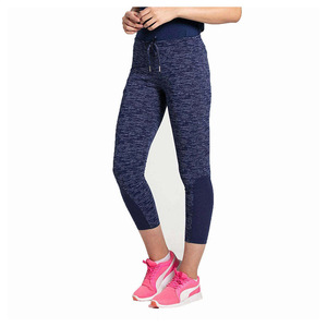 Women's <b>Navy</b> Marled Cropped <b>Leggings</b> High Waist Drawstring Pockets Capri Workout Yoga Pants - Product Image 3