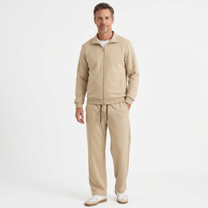 Men's Beige 2-Piece Lightweight Sweatshirt Set Solid Color Fleece Track Suit Casual Autumn Wear 100% Cotton French OEM Service - Product Image 2